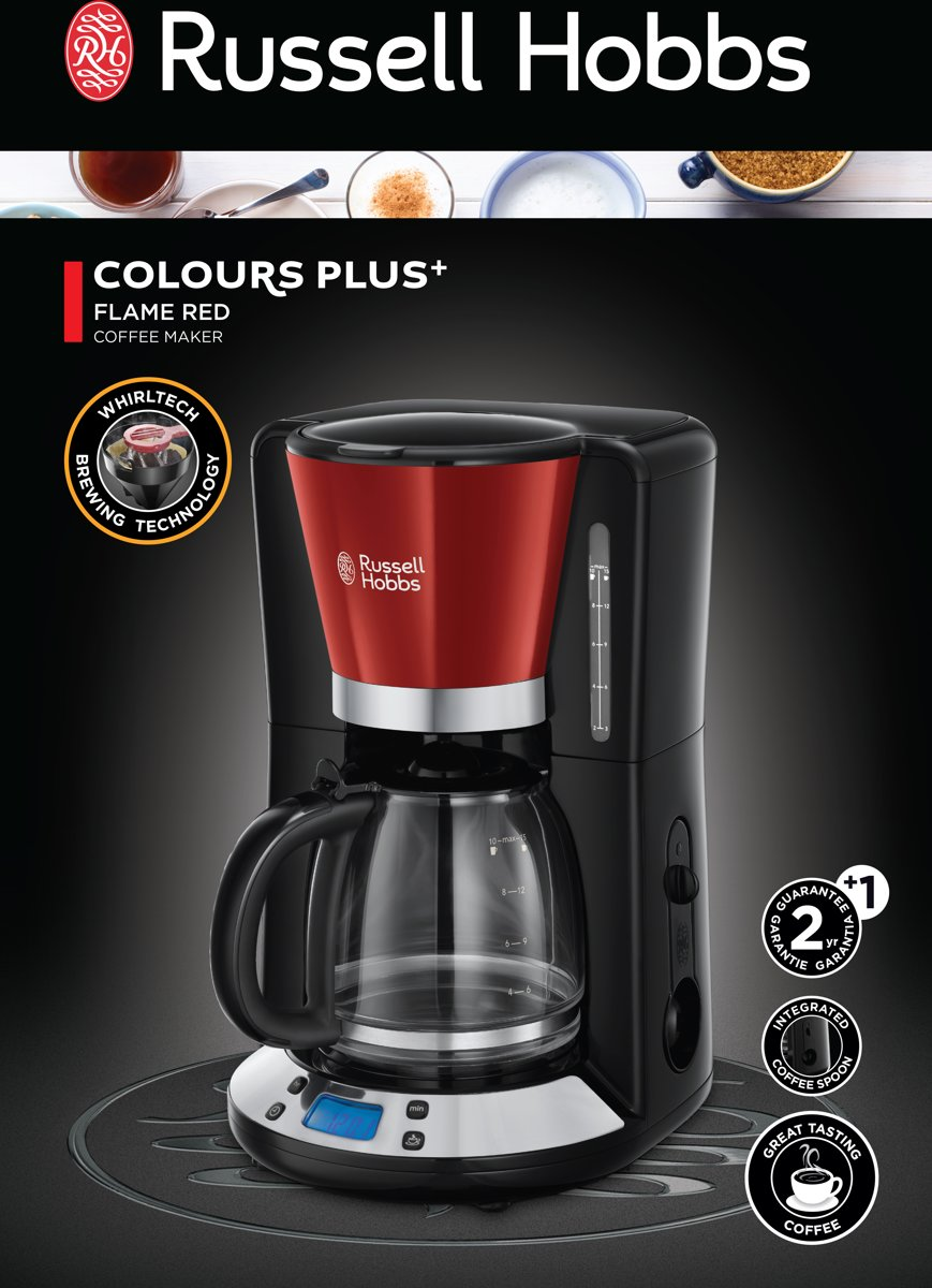 Red and black coffee maker on a black surface, with text and icons.