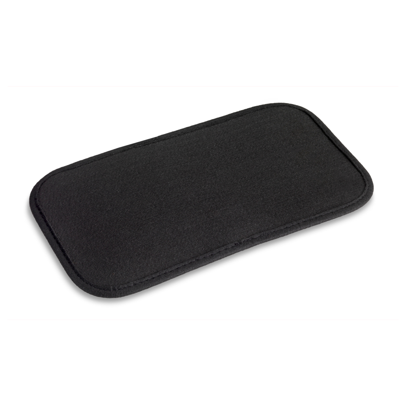 Tampon rectangulaire noir aux coins arrondis sur fond blanc.