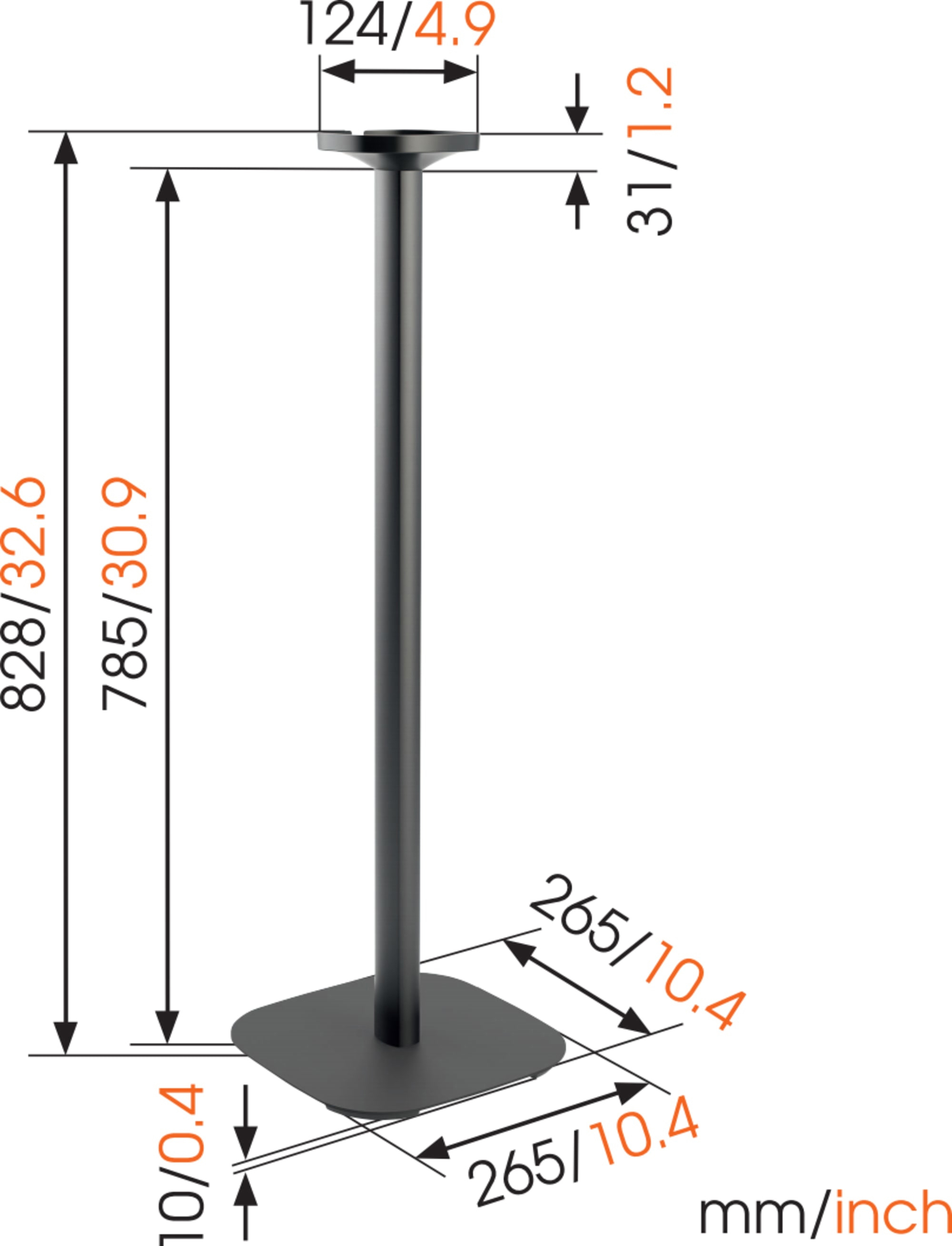 Schwarz-Weiß-Diagramm eines Ständers mit Maßen in mm und Zoll.