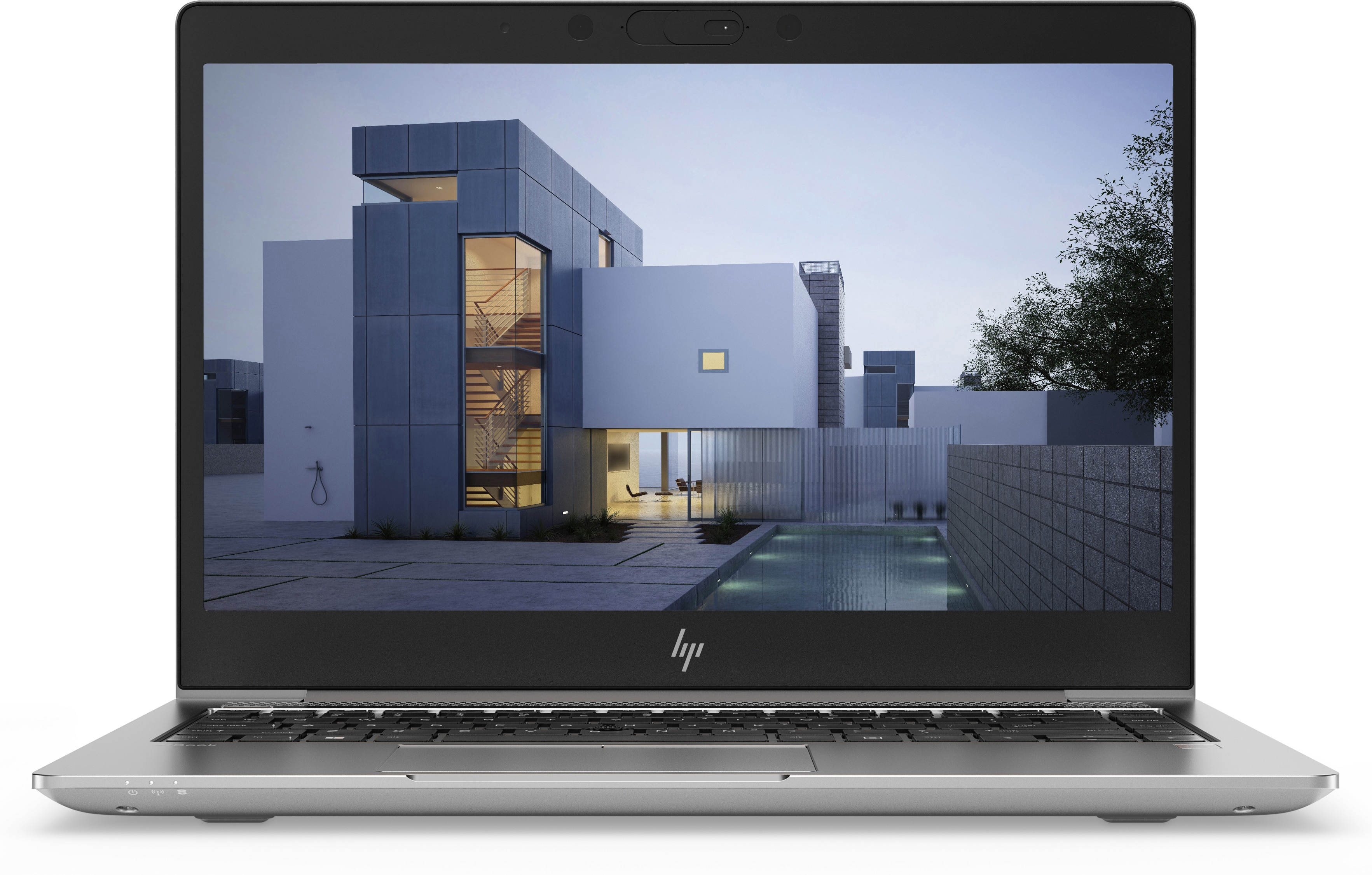 Laptop zeigt ein modernes Gebäude mit Pool. Silberner Laptop mit schwarzer Tastatur.