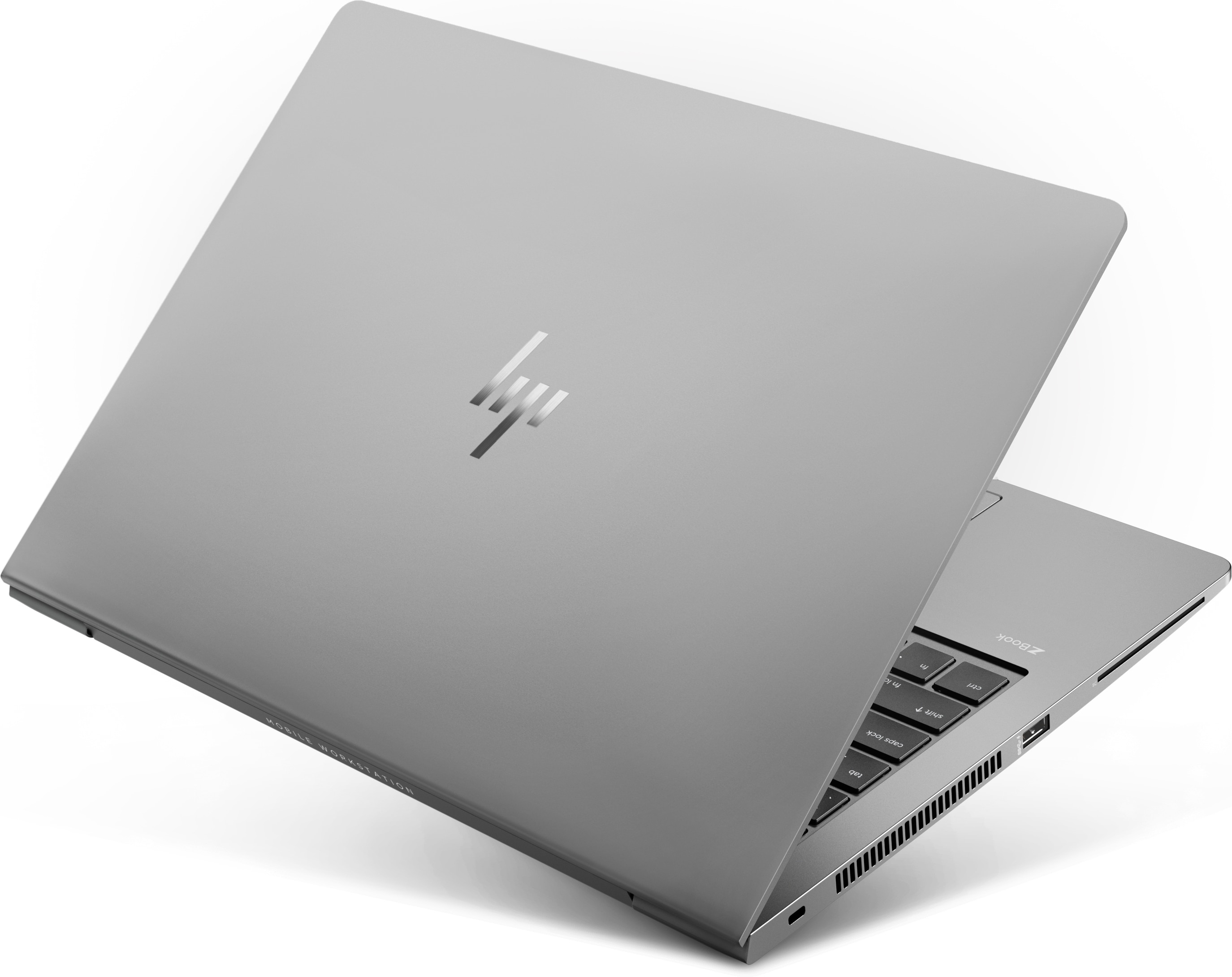 Grauer Laptop, schräge Ansicht, Tastatur sichtbar. Der Hintergrund ist weiß.