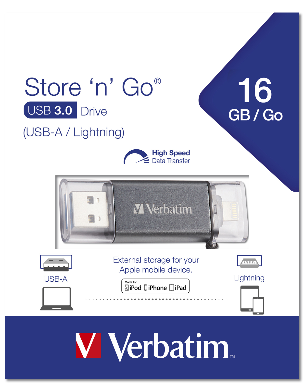 VERBATIM 49304 iStore 'n' Go Lightning / USB 3.0 USB-Stick Lightning/USB 3.0-Stick, 16 GB, Silber