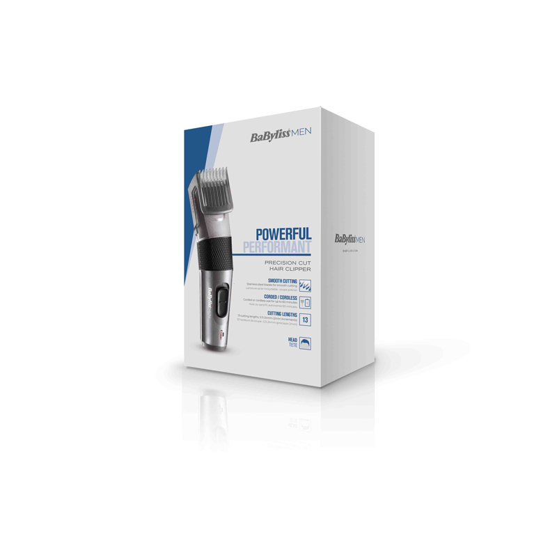 Una caja de cortapelos Babyliss Men. Cortapelos y texto: 'Powerful Performance', 'Cortapelos'.