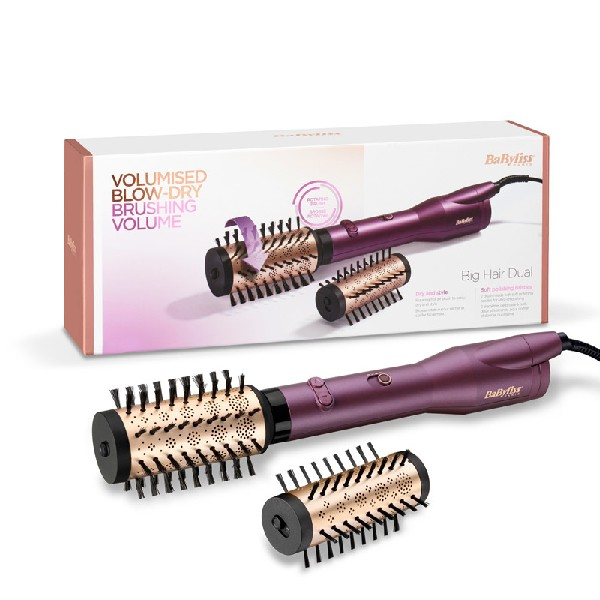 Un kit de peinado con un cepillo de peinado morado y dorado y dos cabezales intercambiables.