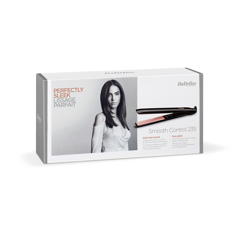 Caja de plancha para el cabello con una mujer. La caja tiene el nombre del producto y detalles.