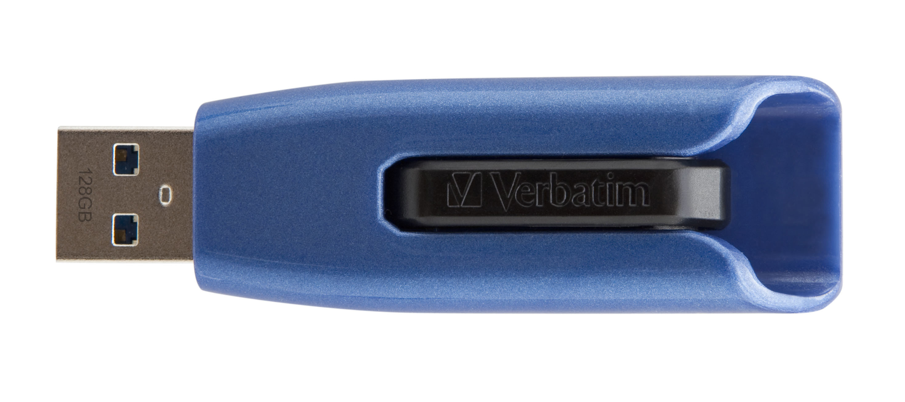 Blauer USB-Stick mit Verbatim-Logo und 128GB-Aufschrift.