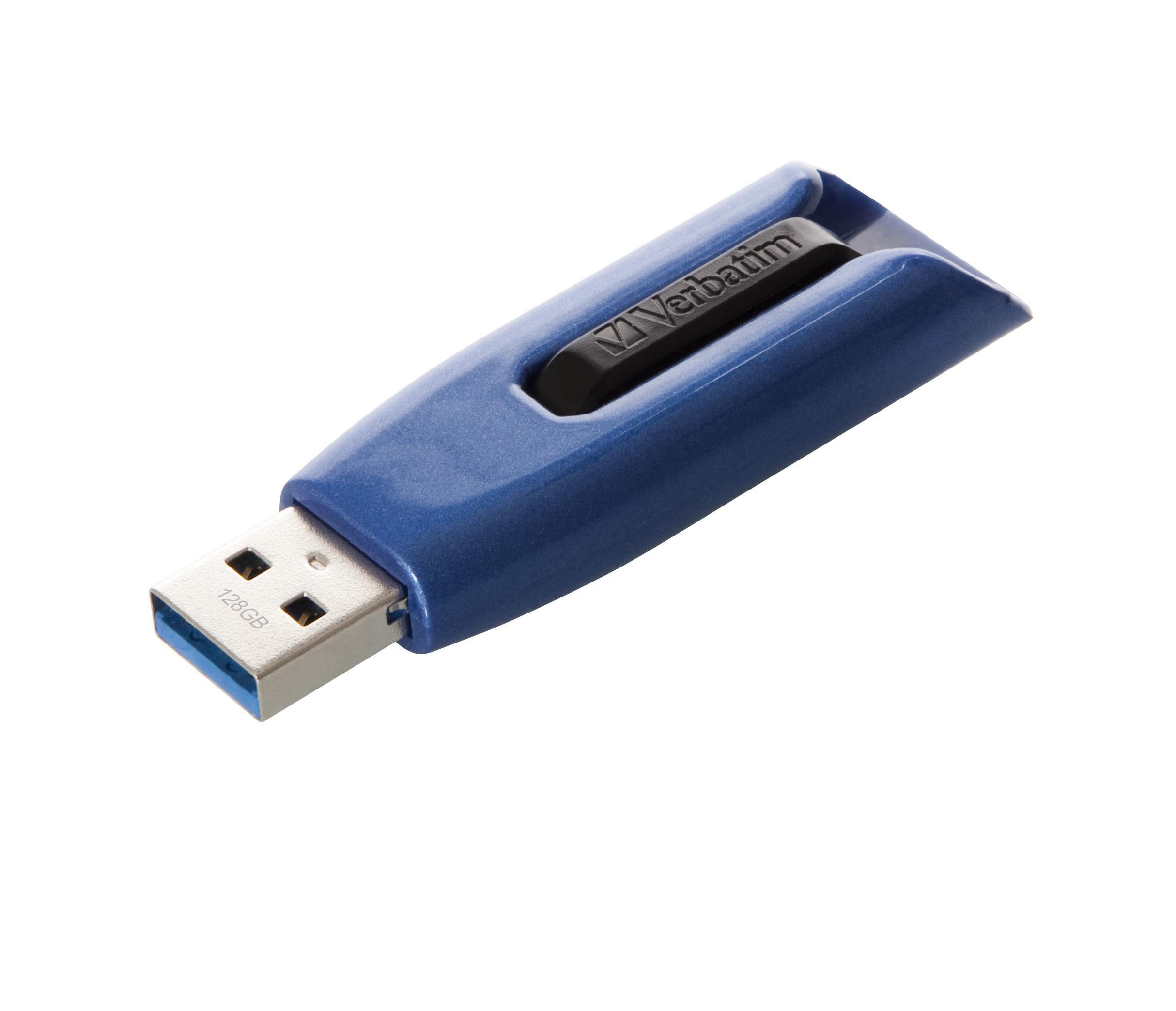 Blaue und schwarze USB-Festplatte mit 128 GB, weißer Hintergrund.