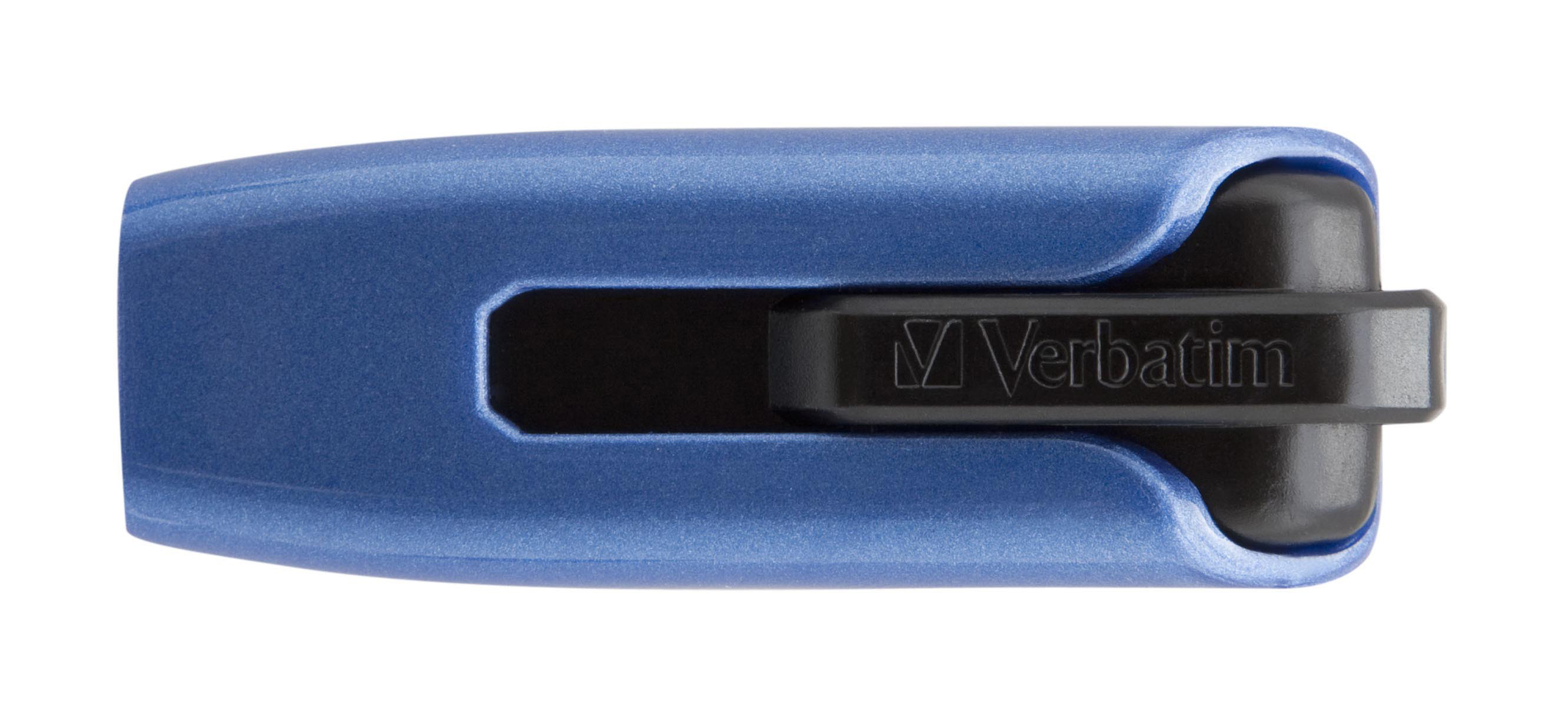 Ein blaues und schwarzes USB-Laufwerk mit Verbatim-Logo.