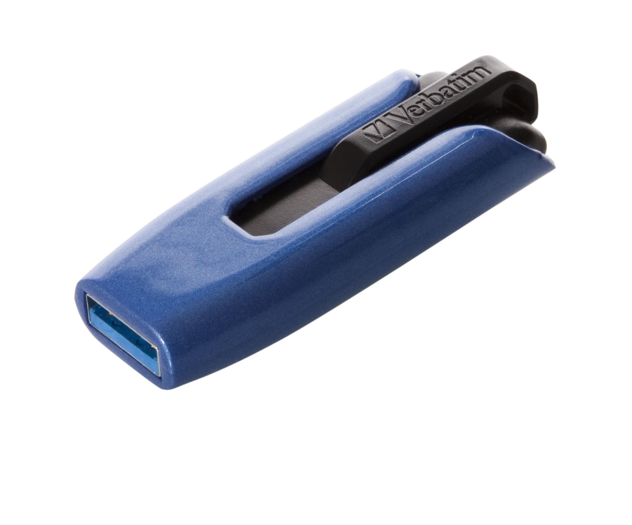 Blaue Verbatim USB-Festplatte mit schwarzer Kappe.