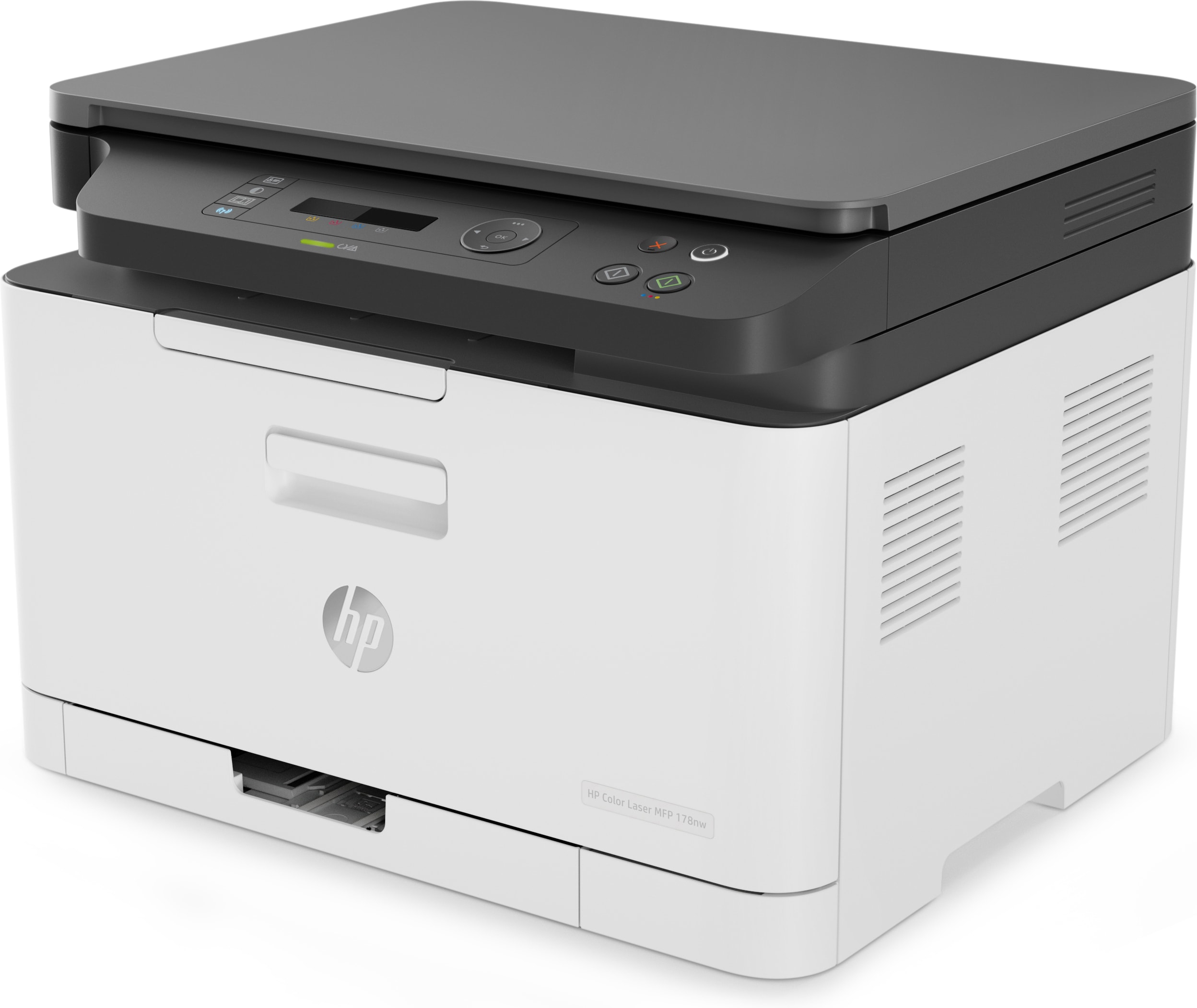 Ein weißer und schwarzer HP-Drucker. Der Drucker hat einen Touchscreen und ein Papierfach unten.