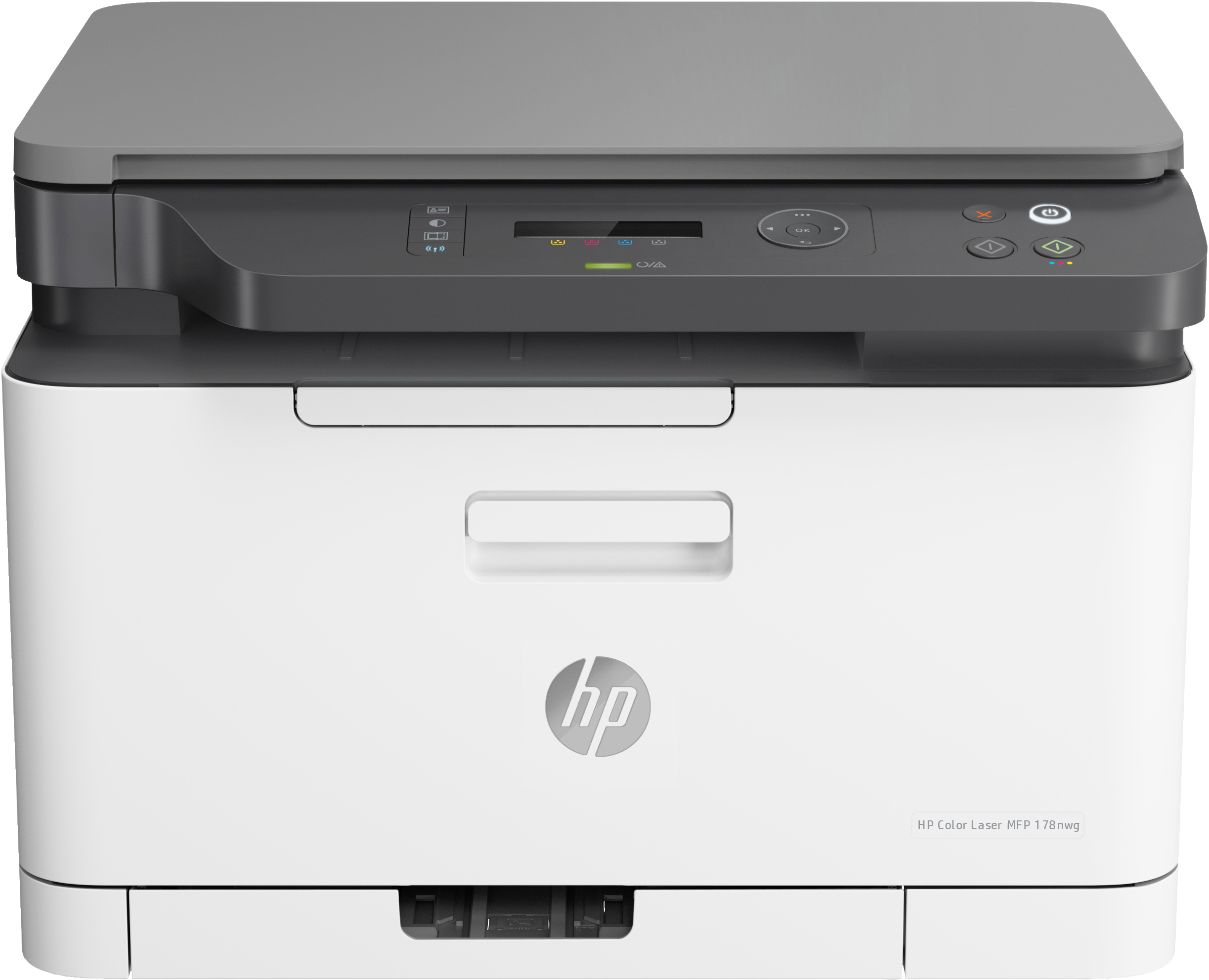 Ein weißer, grauer und schwarzer HP-Farblaserdrucker. Das HP-Logo ist auf der Vorderseite sichtbar.