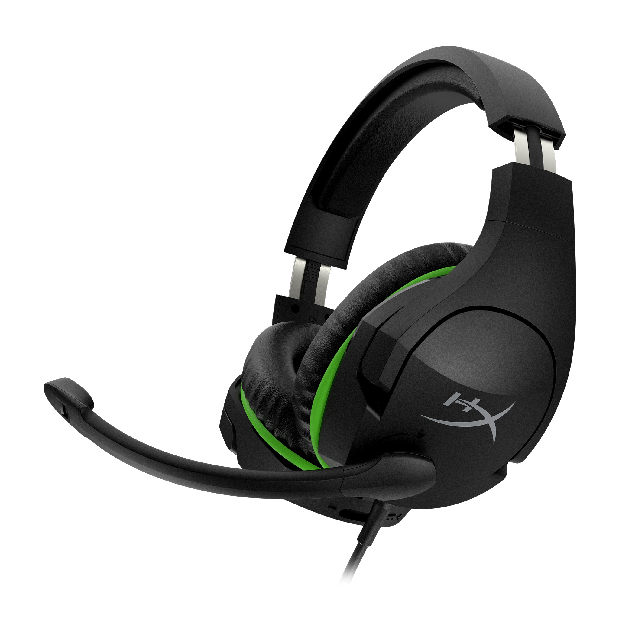 Schwarzes Gaming-Headset mit grünen Akzenten und Mikrofon. Das HyperX-Logo ist auf dem Ohrhörer.