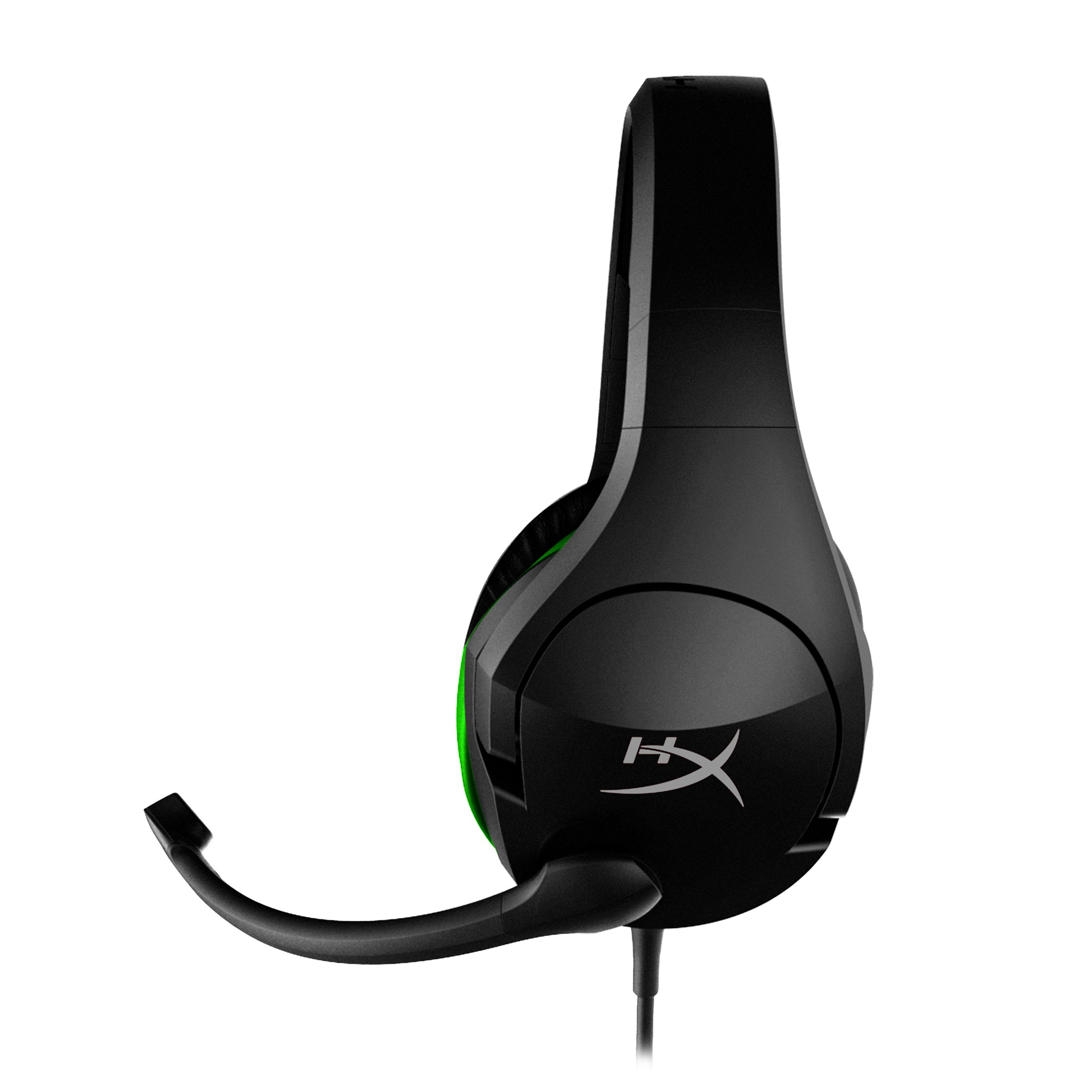 Schwarzes HyperX Gaming-Headset mit grünem Akzent und Mikrofon.