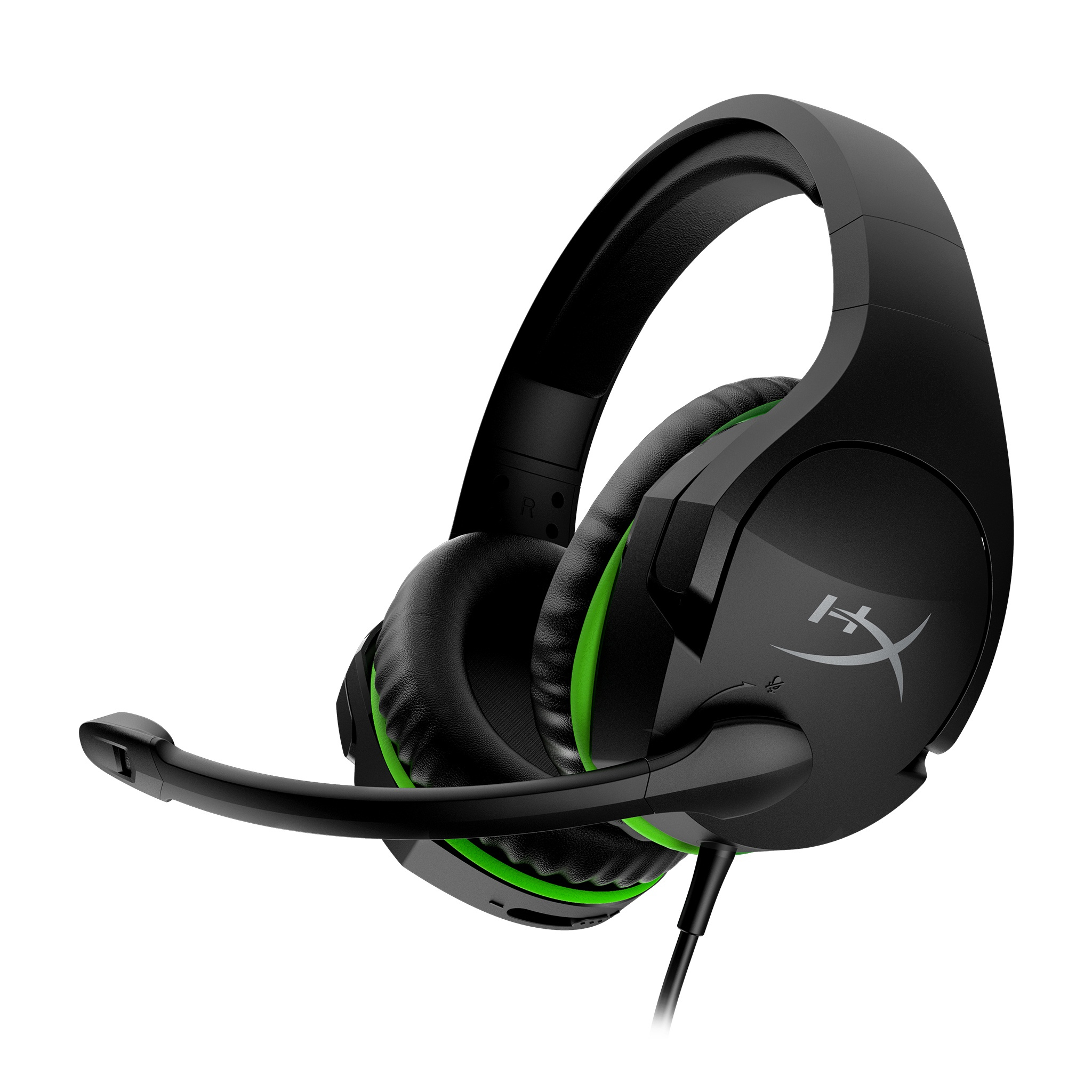 Schwarzes und grünes HyperX Gaming-Headset mit Mikrofon. Weißer Hintergrund.