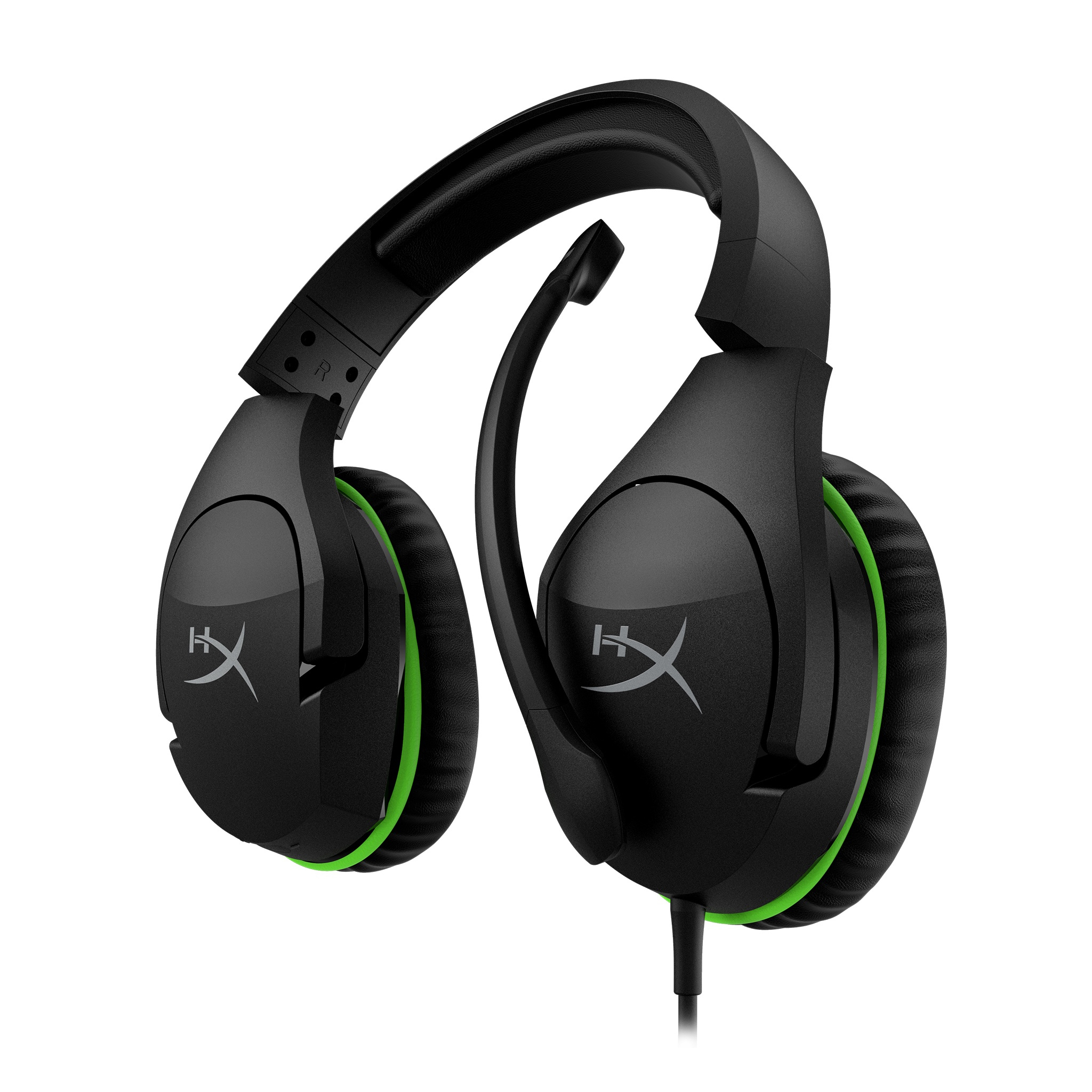 Schwarzes HyperX Gaming-Headset mit grünen Akzenten und Mikrofon.