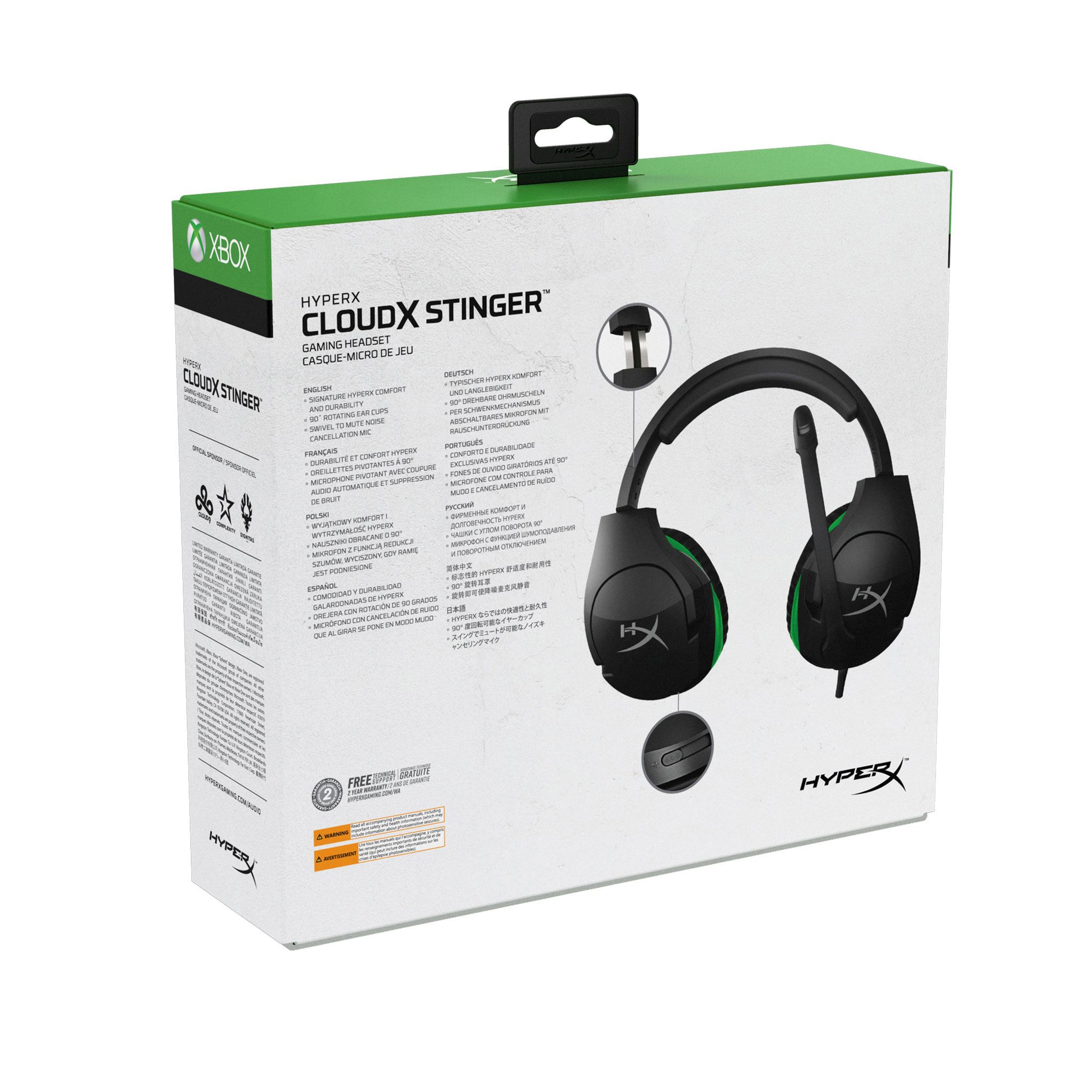 Grüne und schwarze HyperX Cloud Stinger Gaming-Headset-Box. Vorderansicht, Headset dargestellt.