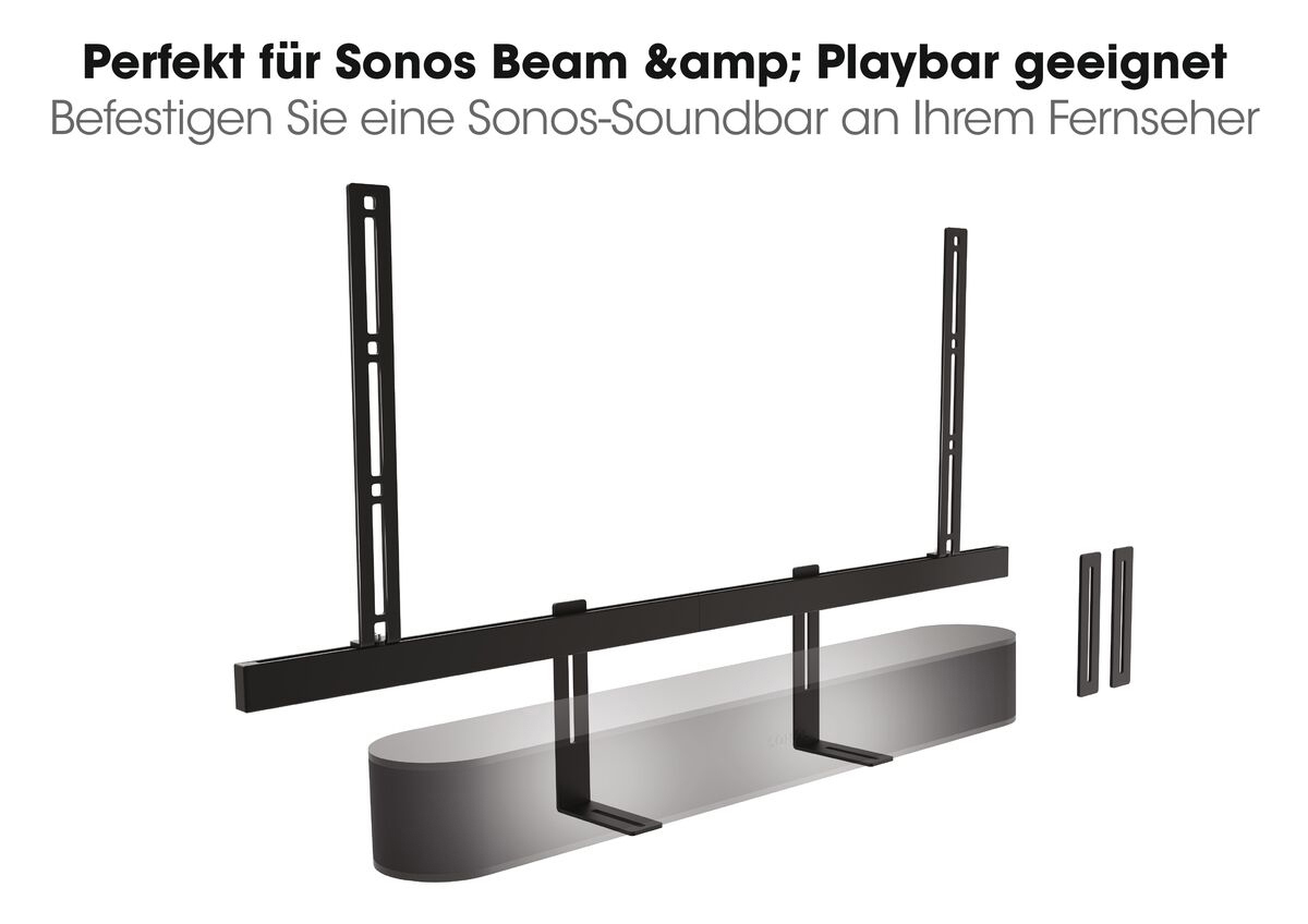 Schwarze Sonos Soundbar-Montagehardware auf einer weißen Oberfläche. Enthält Halterungen und Schrauben.