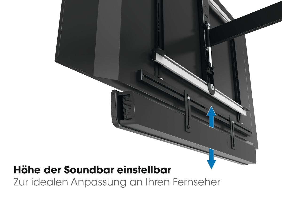 Schwarzer Fernseher mit Soundbar-Halterung, mit Pfeil nach oben und unten und Text.