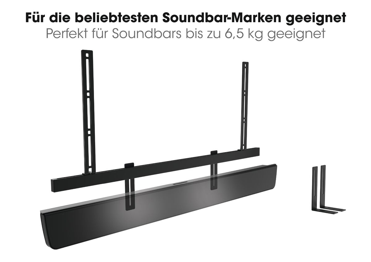 Eine schwarze Soundbar und ein Befestigungssystem.