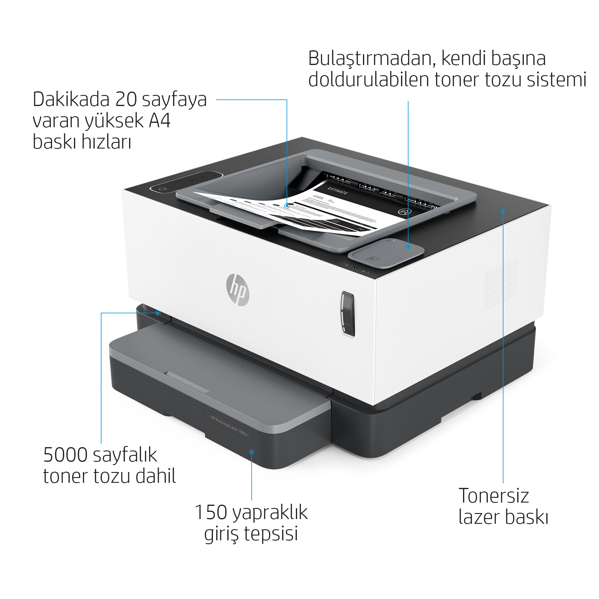 HP Neverstop Laser 1000a Toner Doldurulabilir Tanklı Lazer Yazıcı 4RY22A