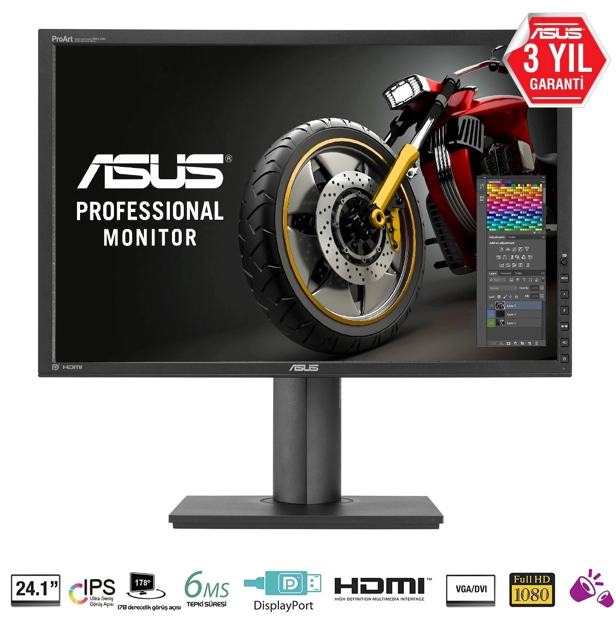 Asus logosu ve kırmızı bir motosiklet olan bir bilgisayar monitörü.