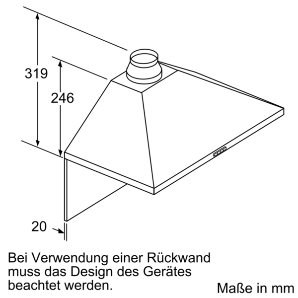 Diagramm einer Bosch-Dunstabzugshaube mit Maßen in Millimetern.