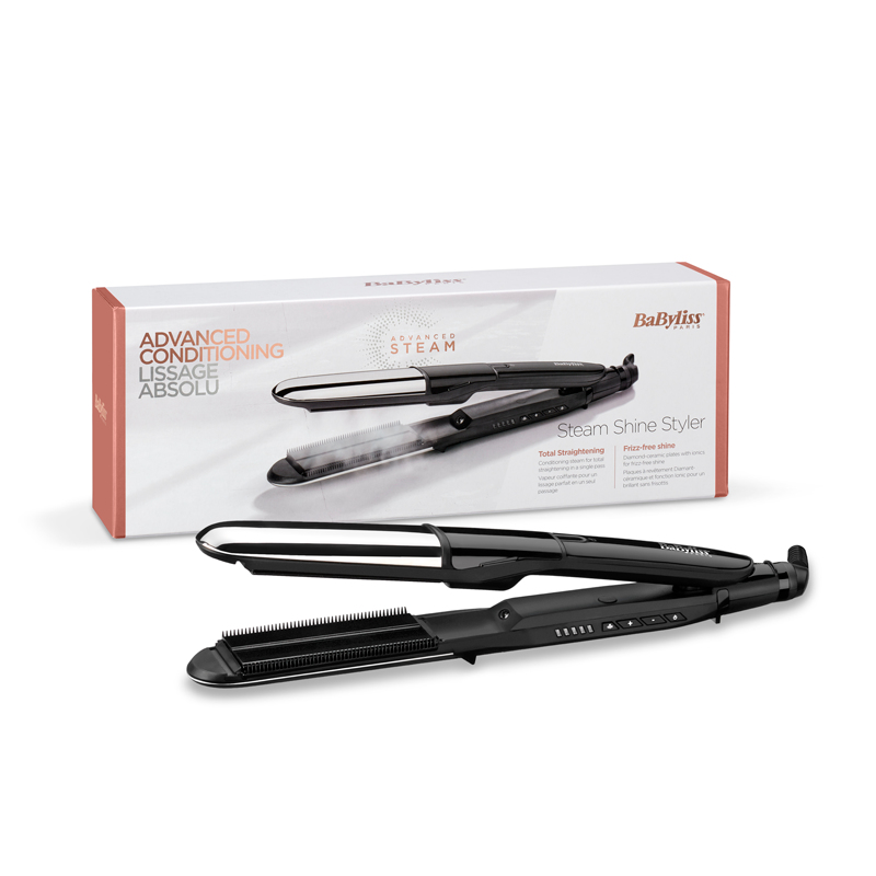 Black hair straightener with box. The box has text and the product on it.