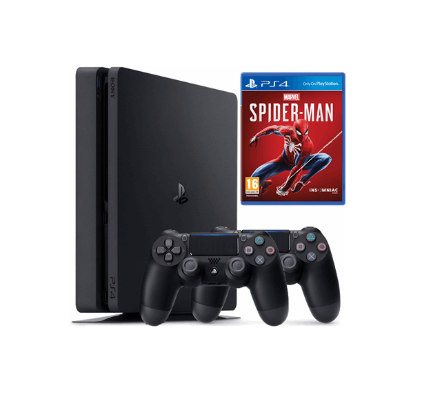 Console PS4 noire, deux manettes et boîtier de jeu Spider-Man sur une surface blanche.