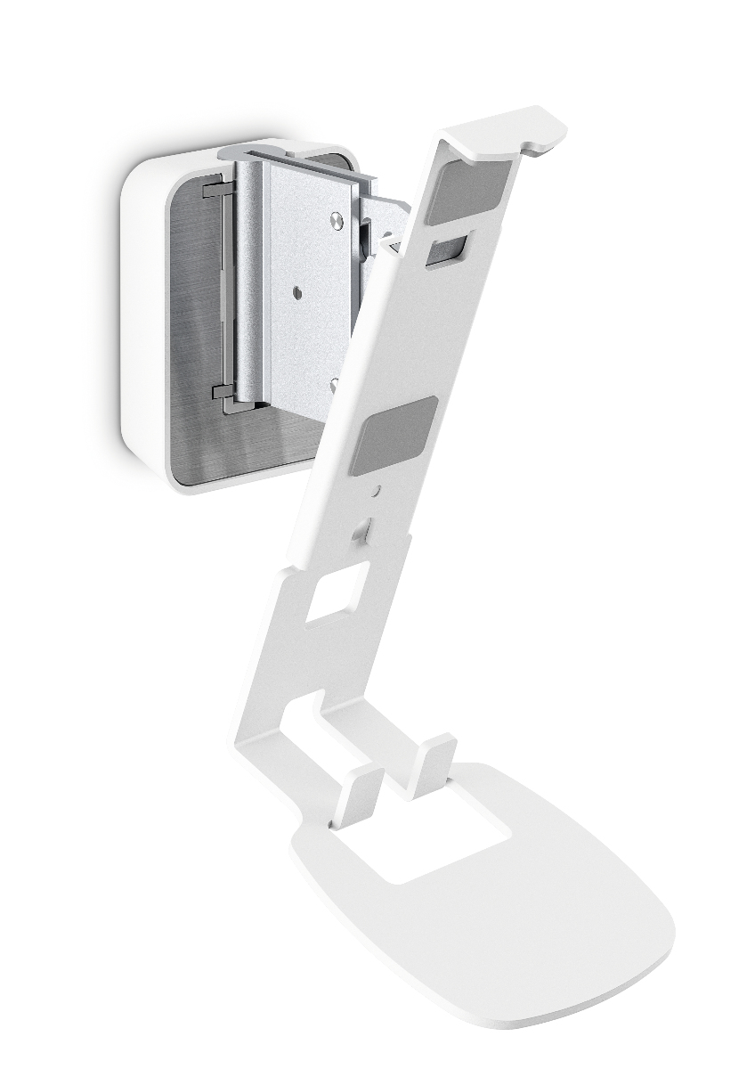 Witte muurbeugel met verstelbare arm. Metalen beugel aan de muur bevestigd.