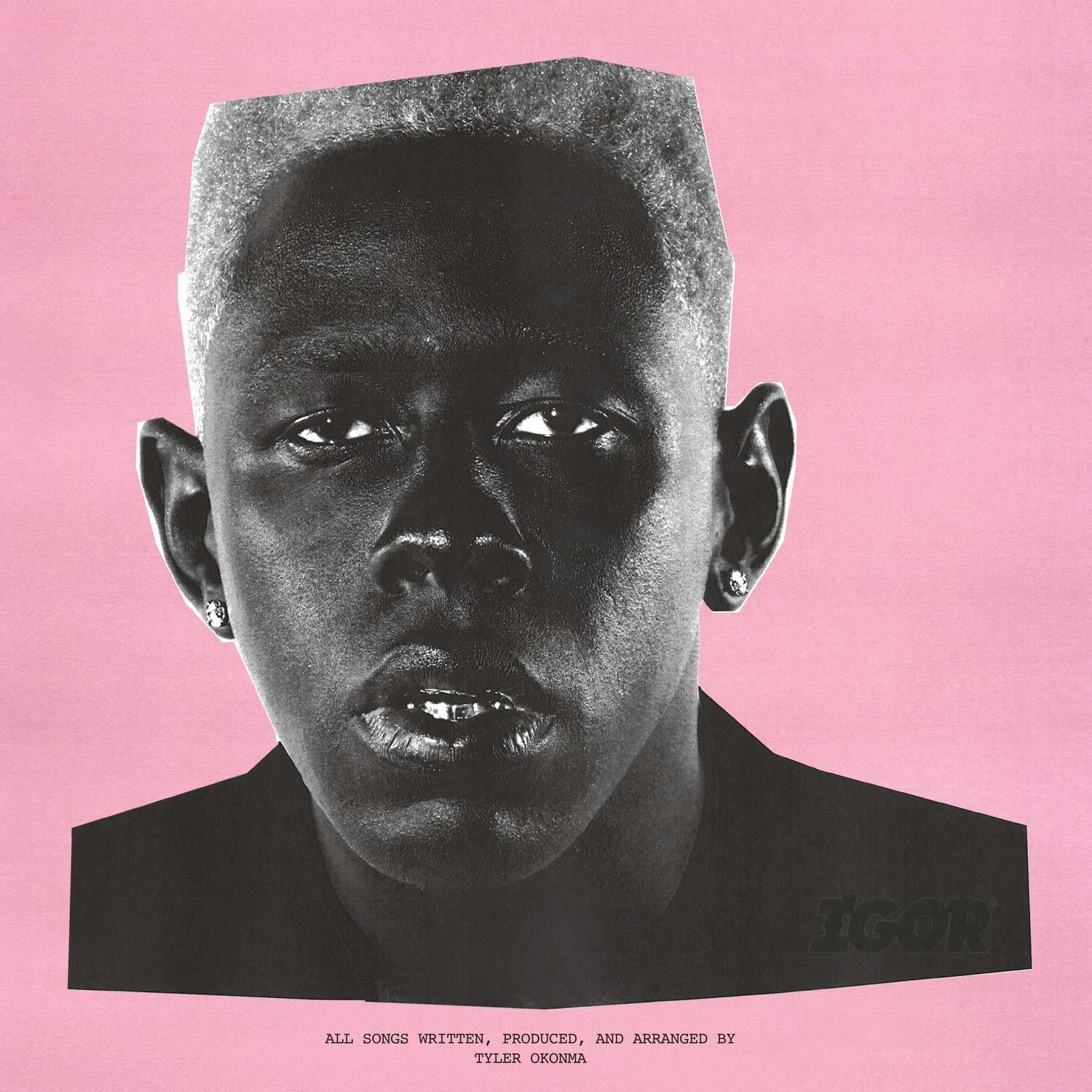 Az IGOR album borítója Tyler, the Creatortól, a művész fekete arcával és rózsaszín háttérrel.