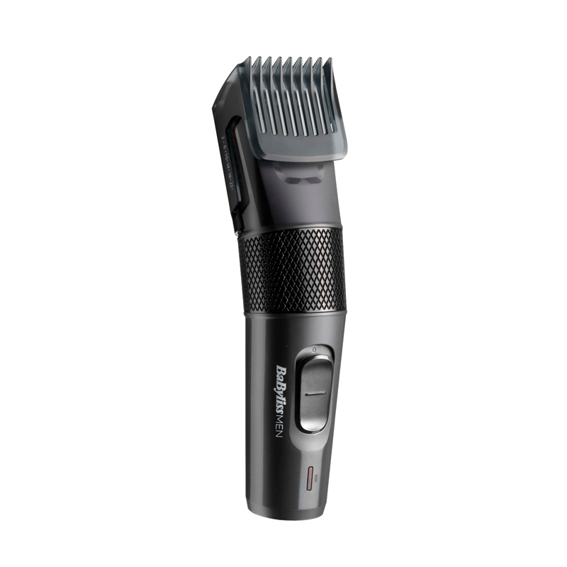 Black hair trimmer with a comb attachment.