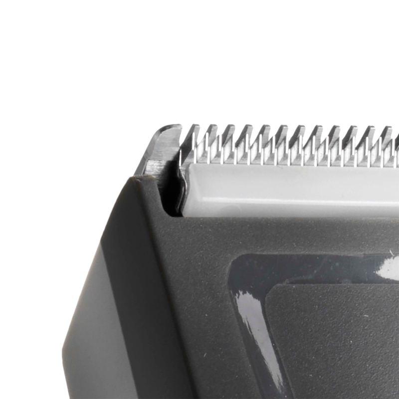 Close up of a hair clipper blade, showing the teeth. Gray and white colors.