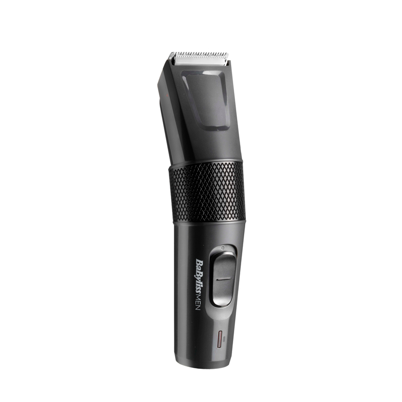 A black electric hair trimmer. On a white background.