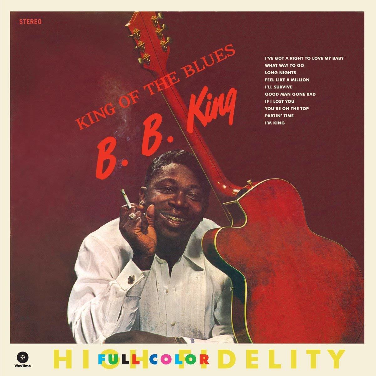 B.B. King album borítója. Mosolyog, cigarettát tart, vörös gitárral és a háttérben dalszövegekkel.