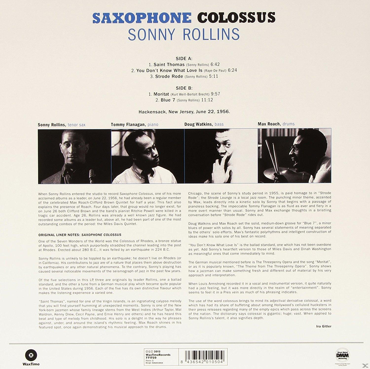 A Sonny Rollins Saxophone Colossus című albumának borítója. Fekete-fehér fotók Rollinsról és más zenészekről.