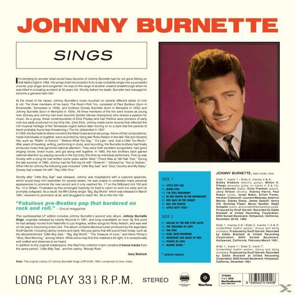 Johnny Burnette Sings albumának borítója, az énekes portréjával és az album részleteivel.