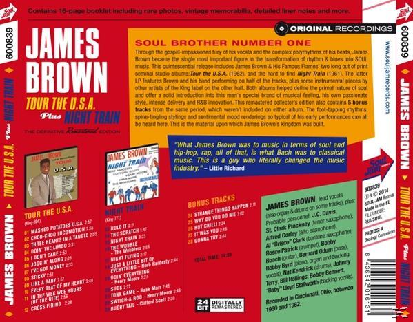 James Brown Tour U.S.A. Plus Night Train album borítója. Piros háttér, szöveggel és képekkel.