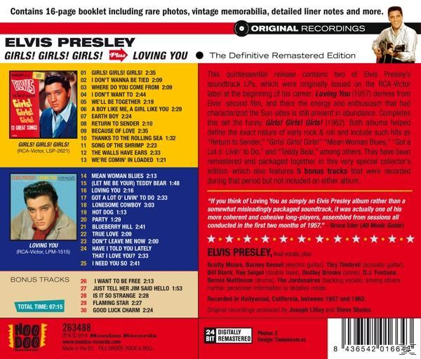 Elvis Presley album borítója, 'Girls! Girls! Girls!'. Képeket és számlista információkat tartalmaz.