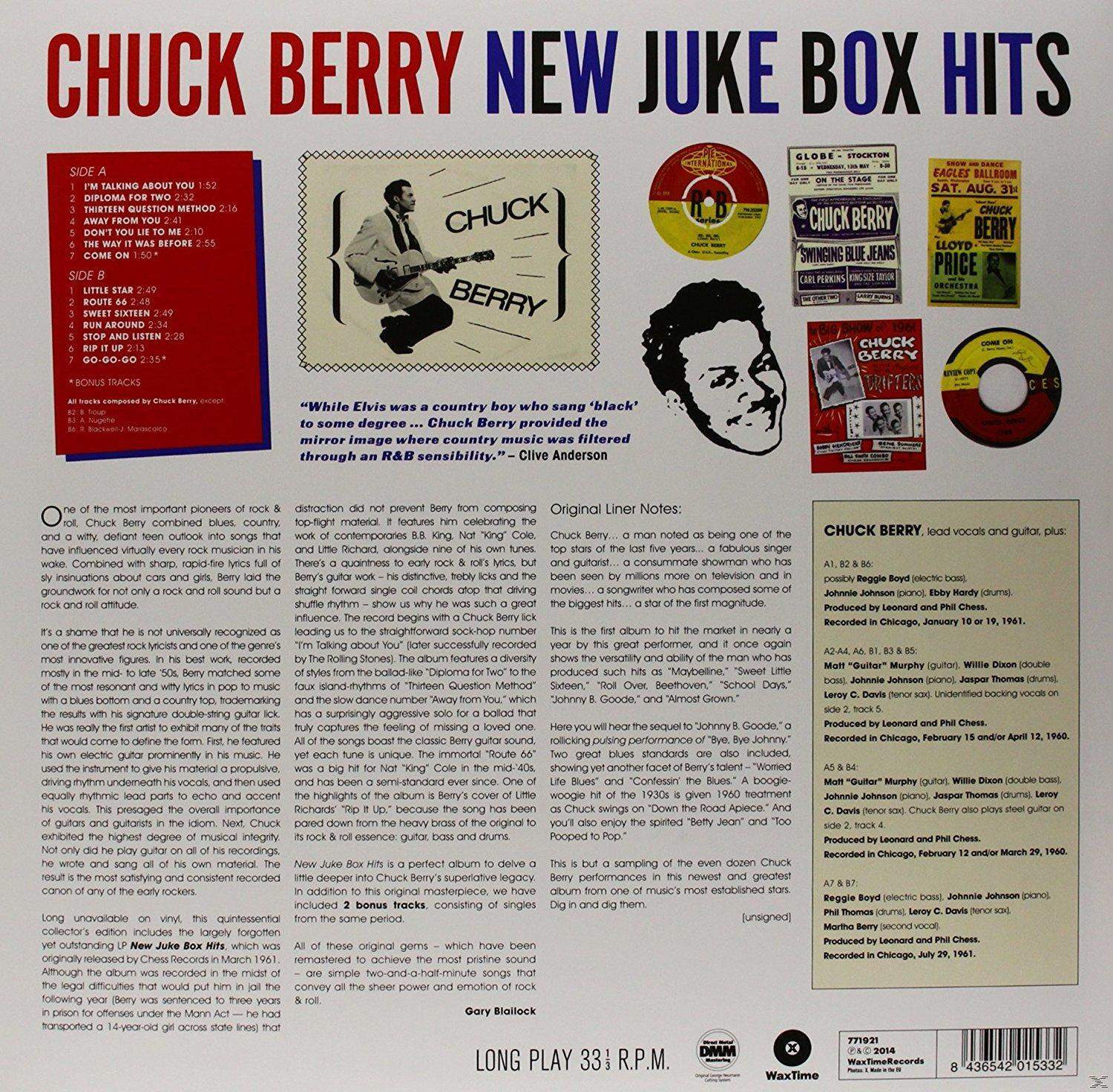 Chuck Berry 'New Juke Box Hits' albumának borítója. Tartalmazza az album infóit, a számlistát és Berry képeit.