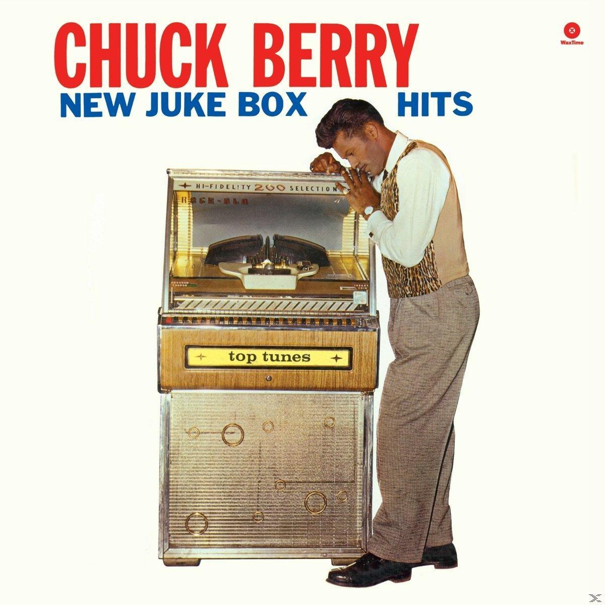 Chuck Berry album borítója. Egy zenegép mellett áll, mellényt és nadrágot visel. A szöveg: 'Chuck Berry New Juke Box Hits'.
