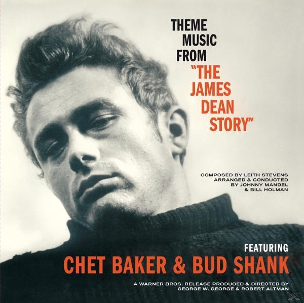 Album borító: Chet Baker és Bud Shank. Fekete-fehér fotó szöveggel. A James Dean Story film zenéje.