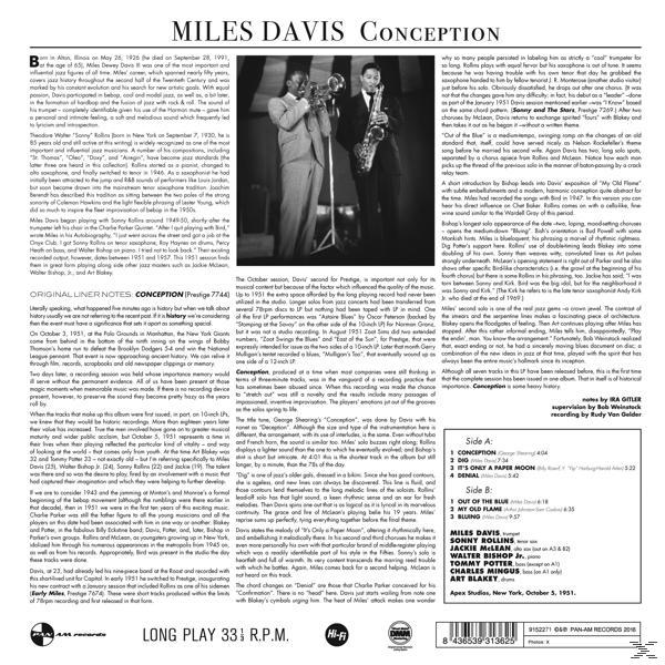 Albumborító "Miles Davis Conception" felirattal, zenészek fekete-fehér fotójával és részletes leírással.