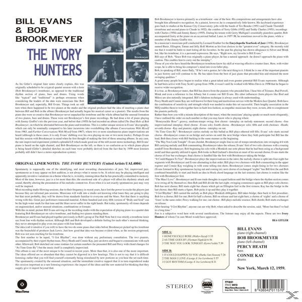 Album borító: Bill Evans és Bob Brookmeyer, 'The Ivory Hunters'. Szöveg és képek fehér háttérrel.