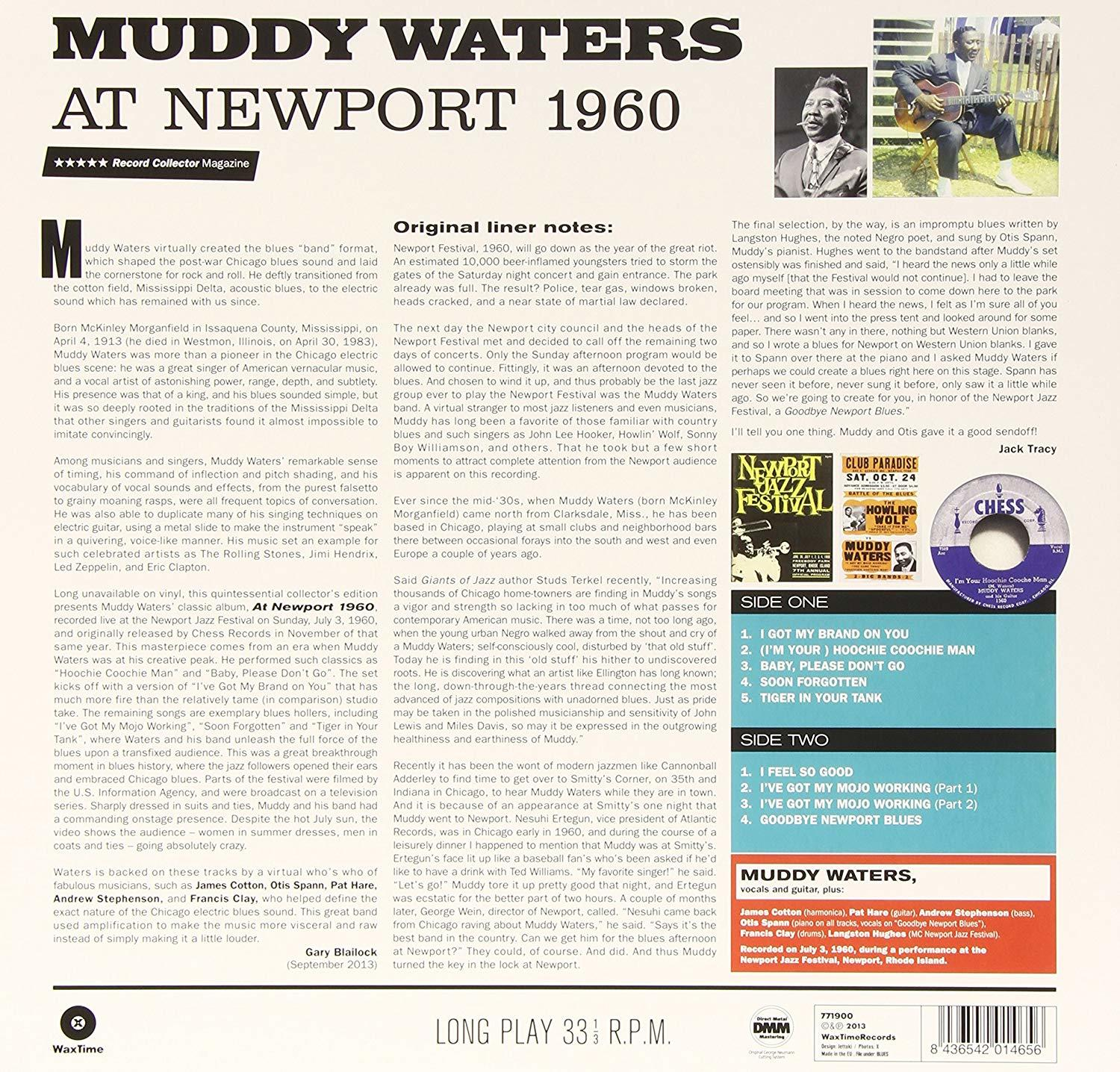Szöveges oldal Muddy Waters-ről Newportban 1960-ban, képekkel, részletekkel és albumborítóval.