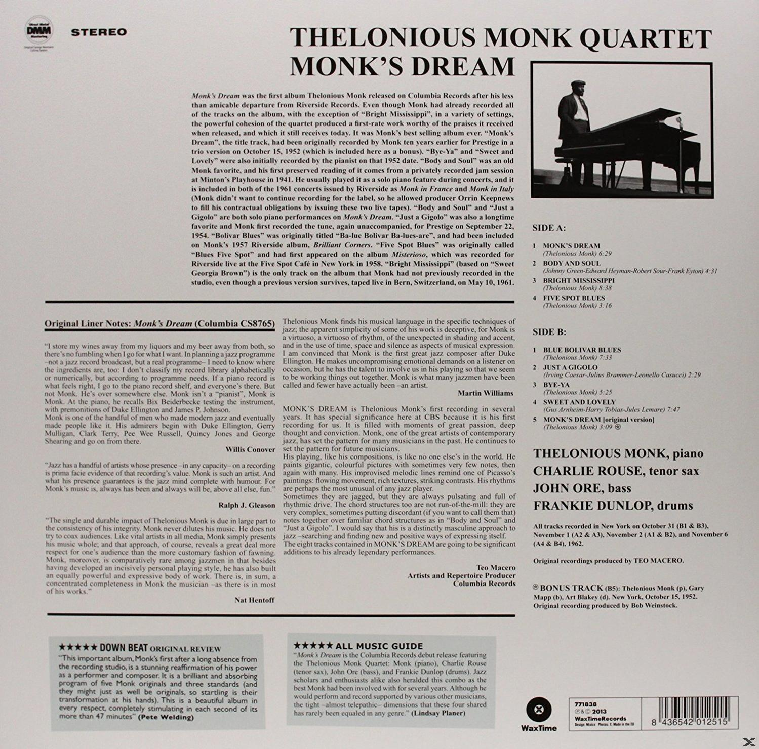 A Thelonious Monk Quartet 'Monk's Dream' albumának borítója szöveggel és fotóval.
