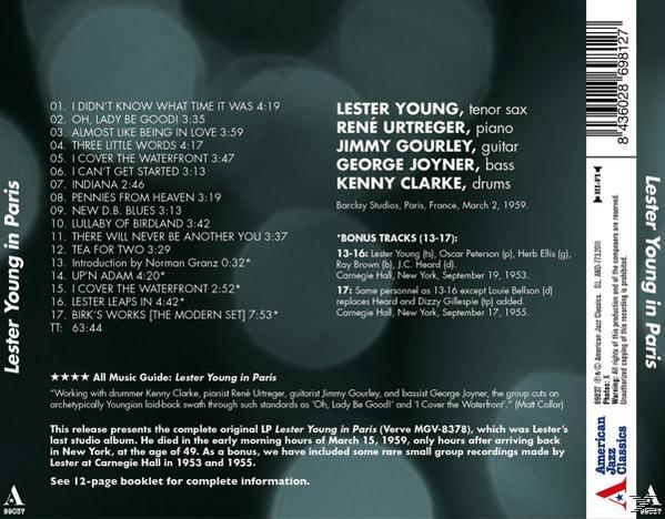 Album borítója. Szöveg és a dalok címei szerepelnek. A művész Lester Young. Az album címe: 'Lester Young in Paris'.