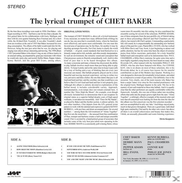 Album borítója a 'The lyrical trumpet of Chet Baker' felirattal. Fekete-fehér képeket és album részleteket tartalmaz.
