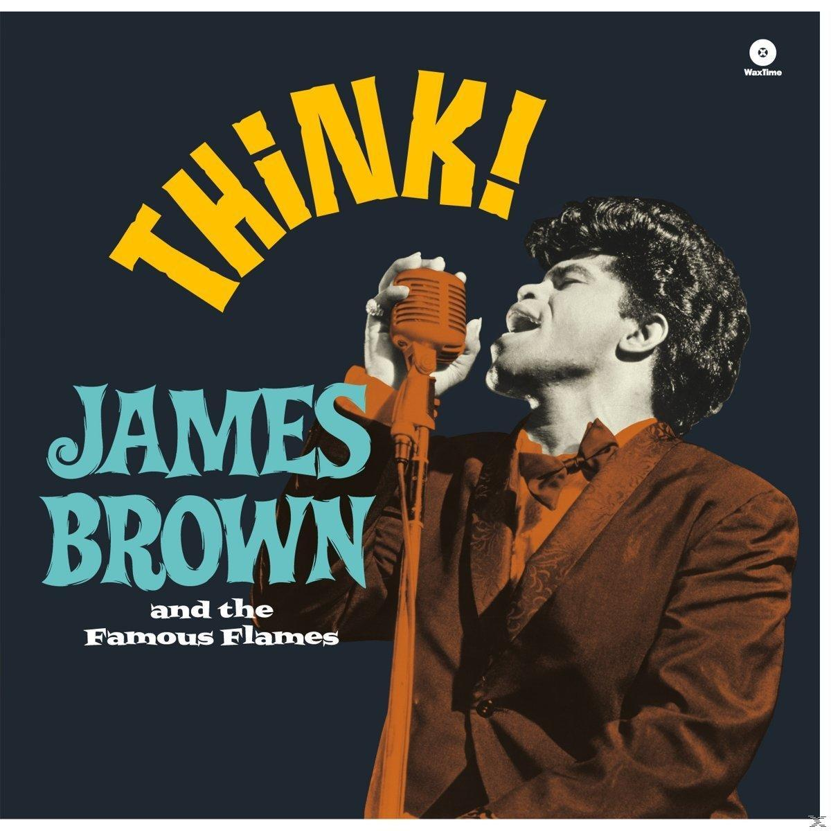 James Brown énekel mikrofonnal, a lemezen a "Think!" felirat. Brown öltönyben.