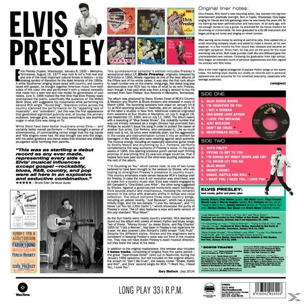 Egy régi albumborító Elvis Presley-vel, fekete-fehér képekkel és szöveggel.