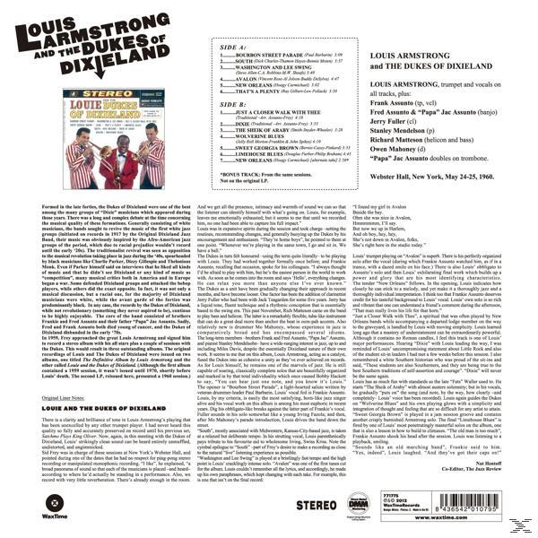Louis Armstrong és a Dukes of Dixieland album borítója, szöveggel, képekkel és a dalok listájával.